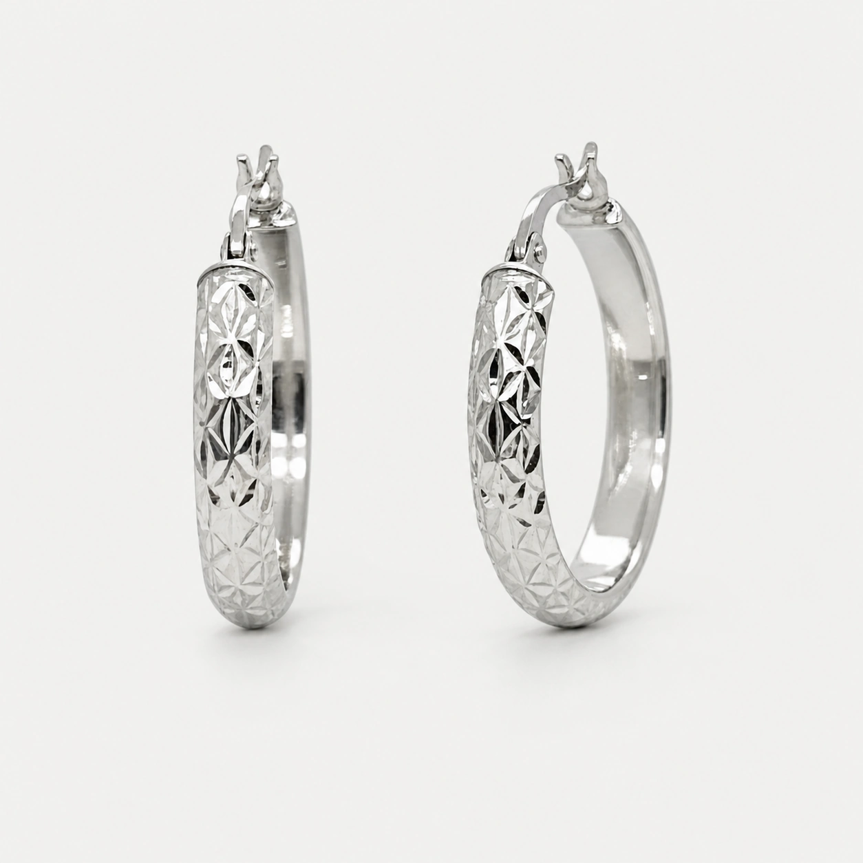 10K White Gold Diamond Cut Hoop Earrings