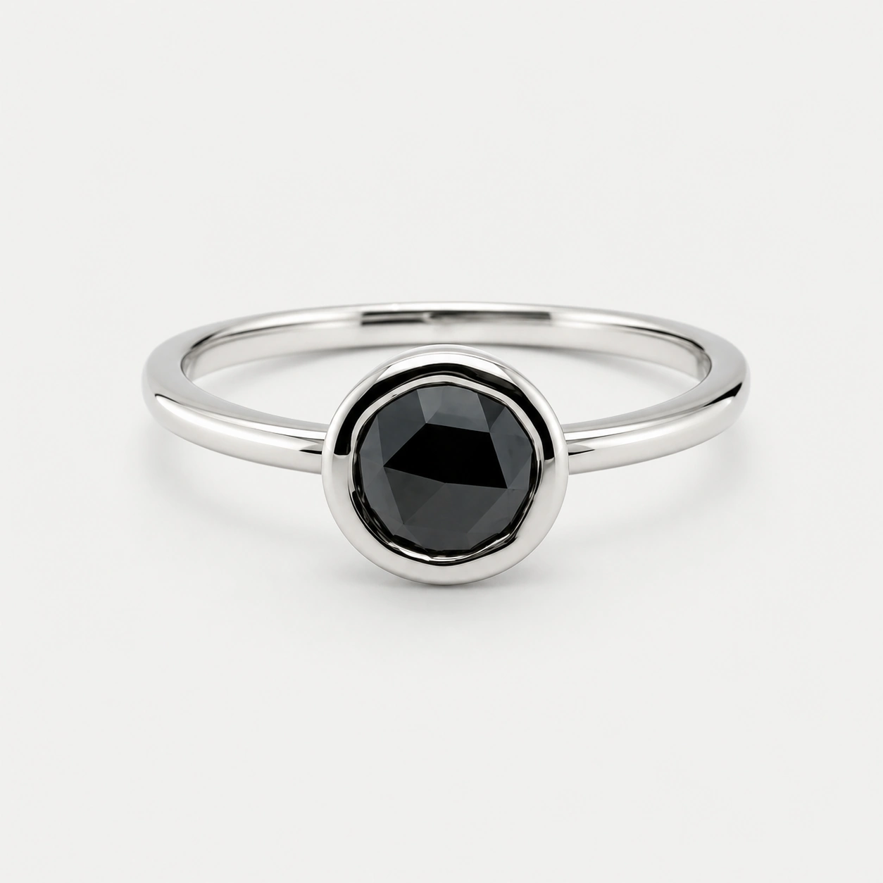 14K White Gold Round Black Rose Cut Diamond Ring