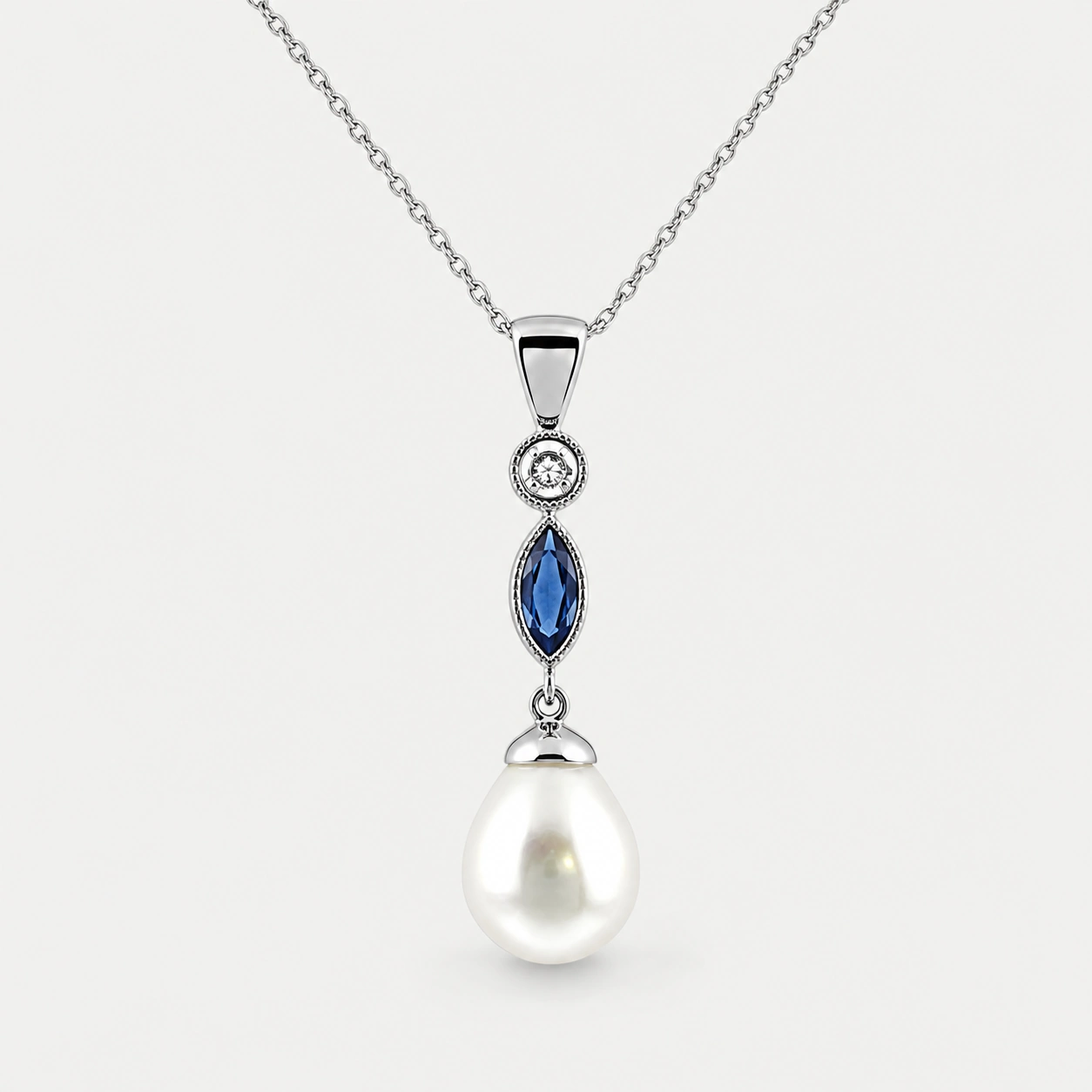 19K White Gold Sapphire and Diamond Pearl Pendant