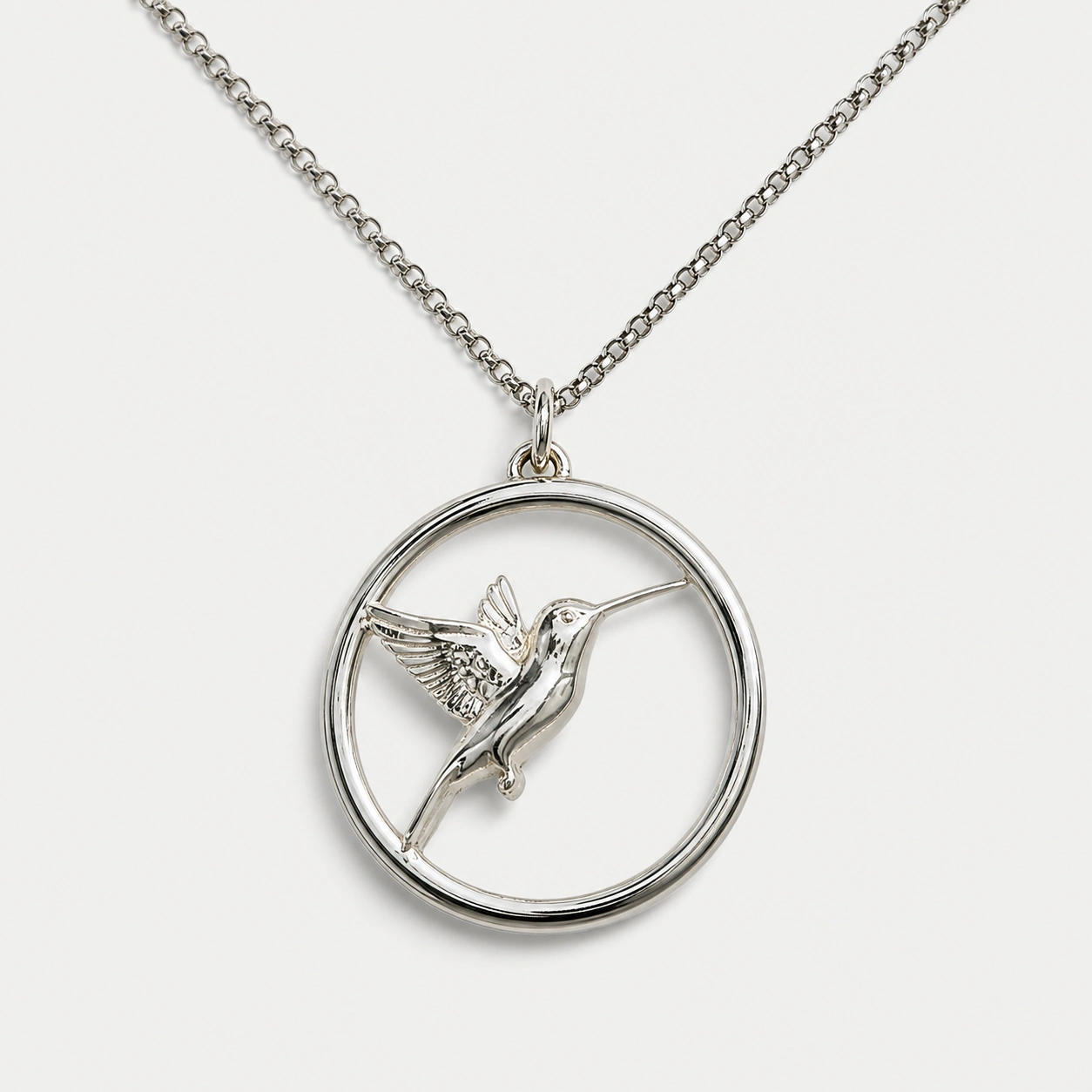 Sterling Silver Large Hummingbird Pendant with 18″ Curb Link Chain