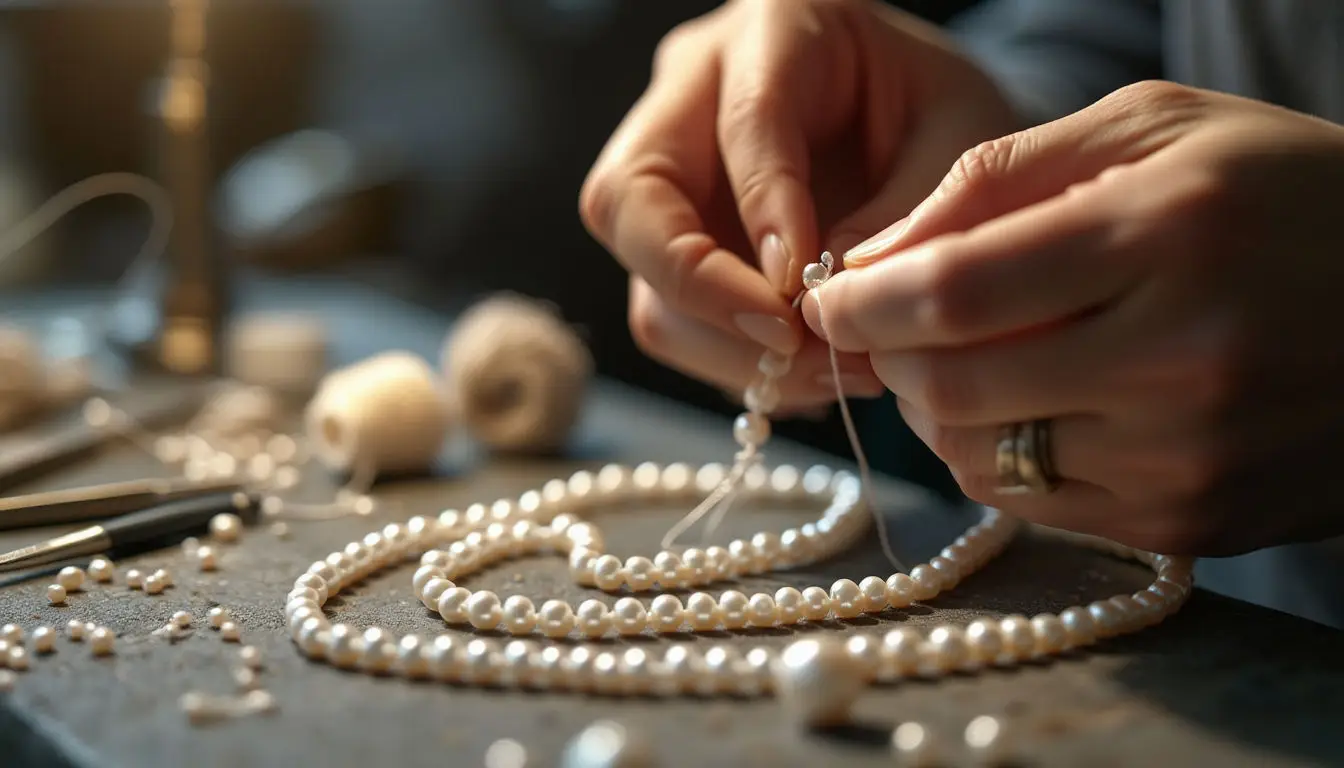 Hands threading pearls onto a necklace