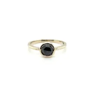 14K White Gold Round Black Rose Cut Diamond Ring