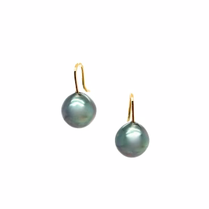 1 Pair of 14K Yellow Gold Black Tahitian Pearl Drop Earrings