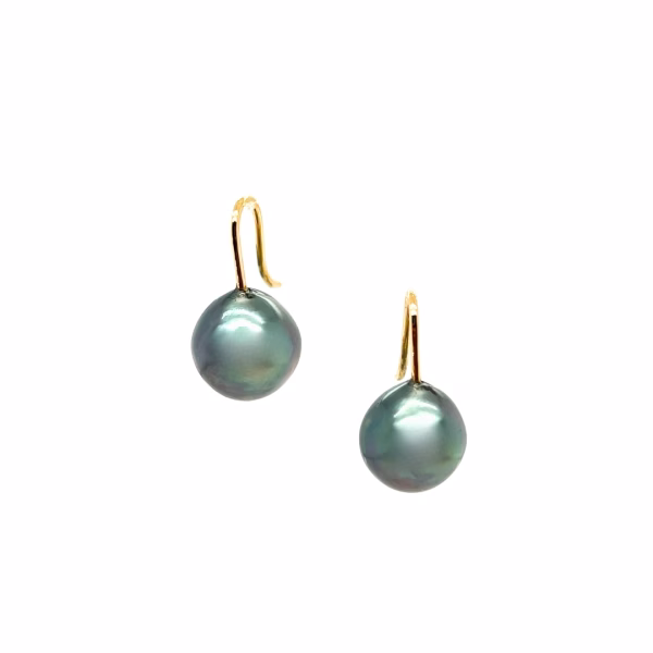 1 Pair of 14K Yellow Gold Black Tahitian Pearl Drop Earrings