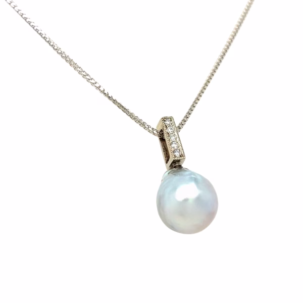 14K White Gold Southsea Silver Pearl Diamond Pendant - Image 4
