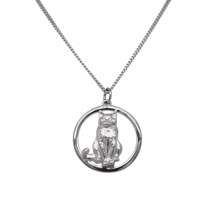 Sterling Silver Large Cat Pendant with 18" Curb Link Chain