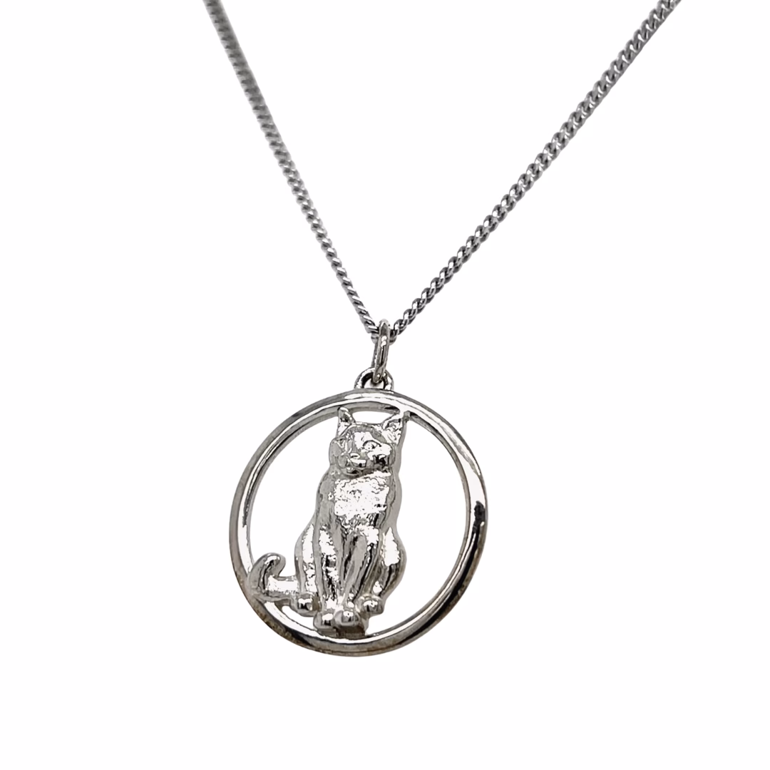 Sterling Silver Large Cat Pendant with 18" Curb Link Chain - Image 3