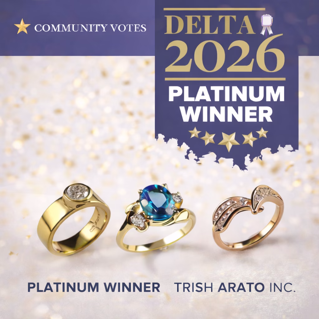 CommunityVotes Delta 2026 Platinum Winner graphic featuring three rings from Trish Arato Inc.
