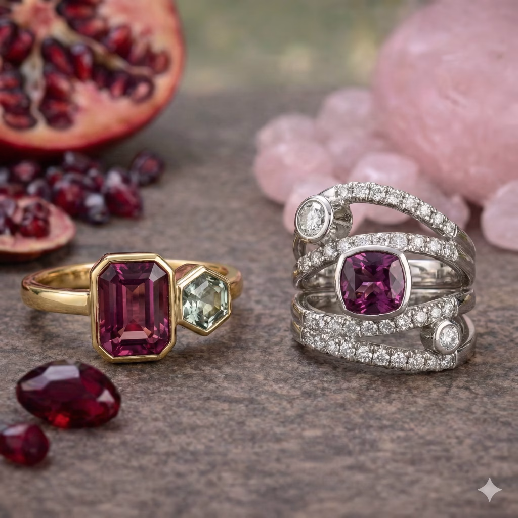 Gold ring with rectangular pink gemstone beside loose red stones and a white gold diamond ring with pink center stone, styled on a stone surface with rose quartz crystals in the background.