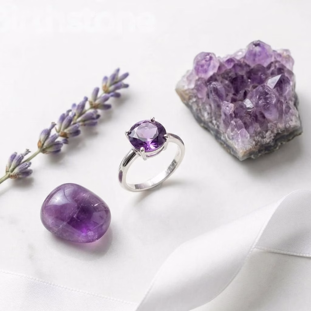 Flat lay of an amethyst ring with lavender and crystals on marble