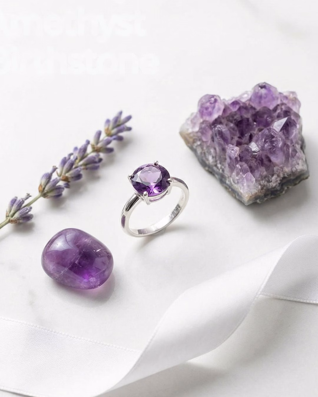 Flat lay of an amethyst ring with lavender and crystals on marble