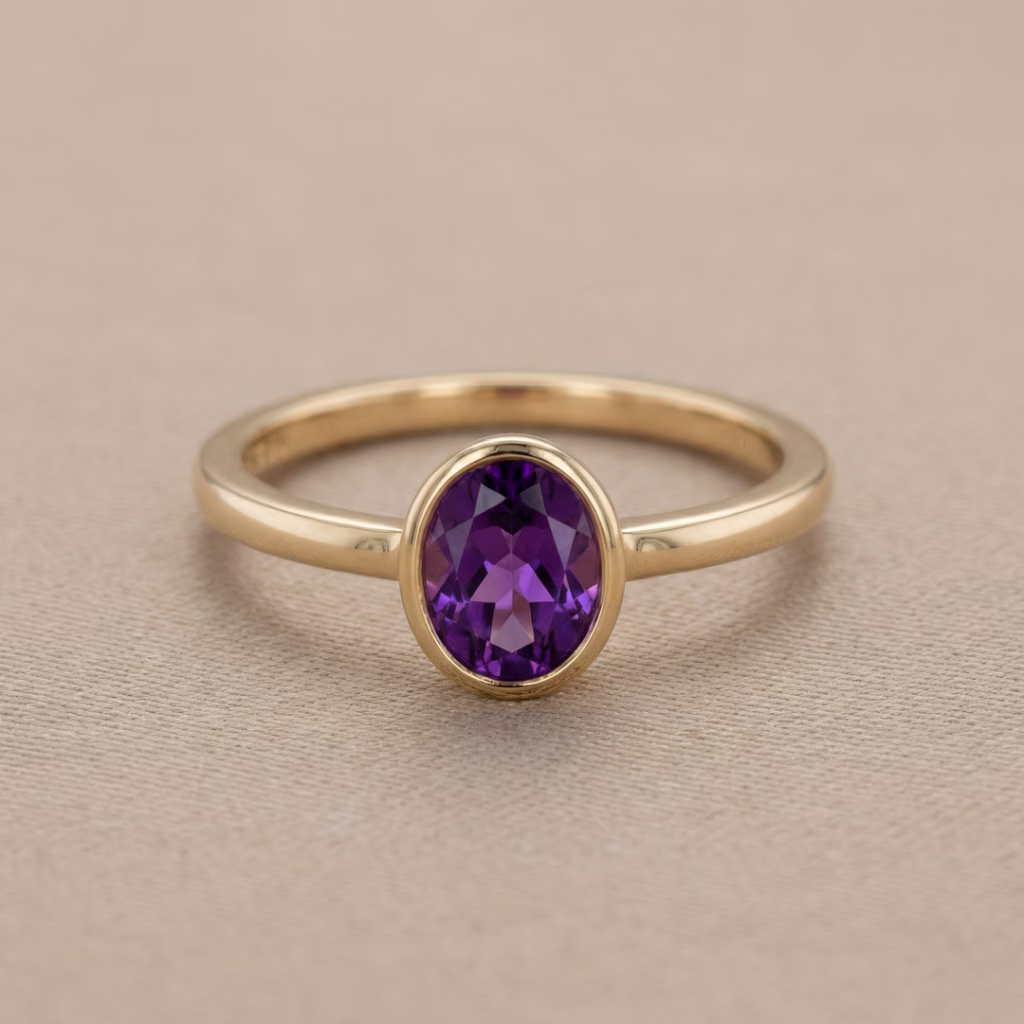 14k yellow gold oval amethyst ring in bezel setting, February birthstone custom jewelry in Richmond B