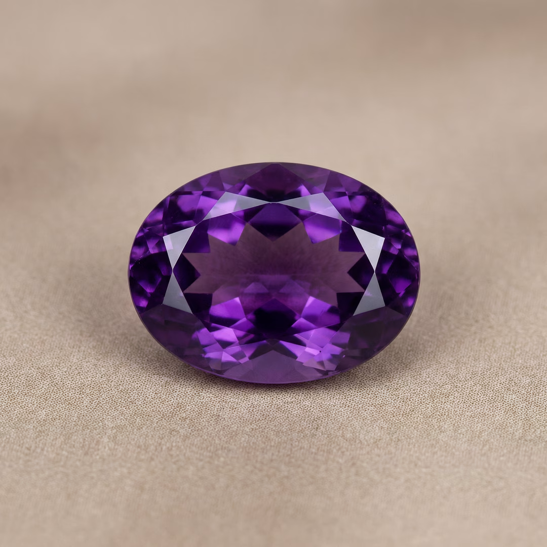 Deep violet oval-cut amethyst gemstone with symmetrical faceting, resting on a soft beige textured surface.