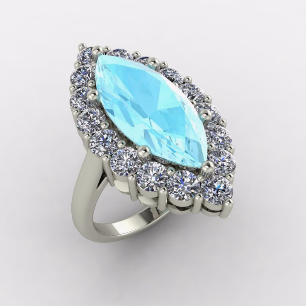 Marquise-cut light blue gemstone ring with a halo of round diamonds in a white gold setting, shown from an angled perspective.