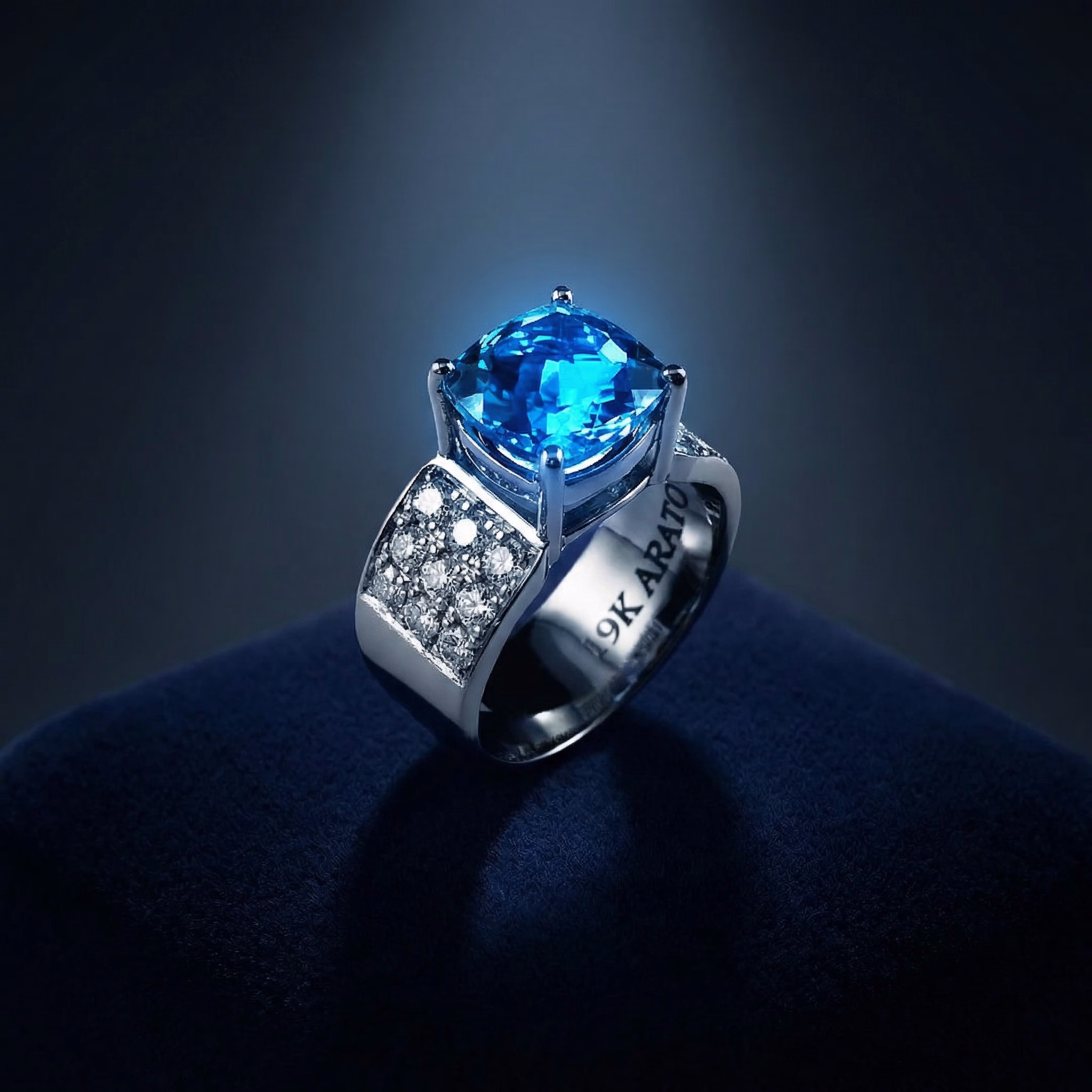 19K white gold ring with square-cut aquamarine and diamonds.
