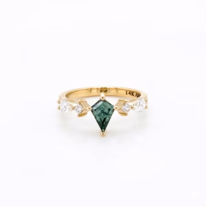 14K Yellow Gold Kite-Shaped Green Sapphire and 0.54ct Diamond Ring