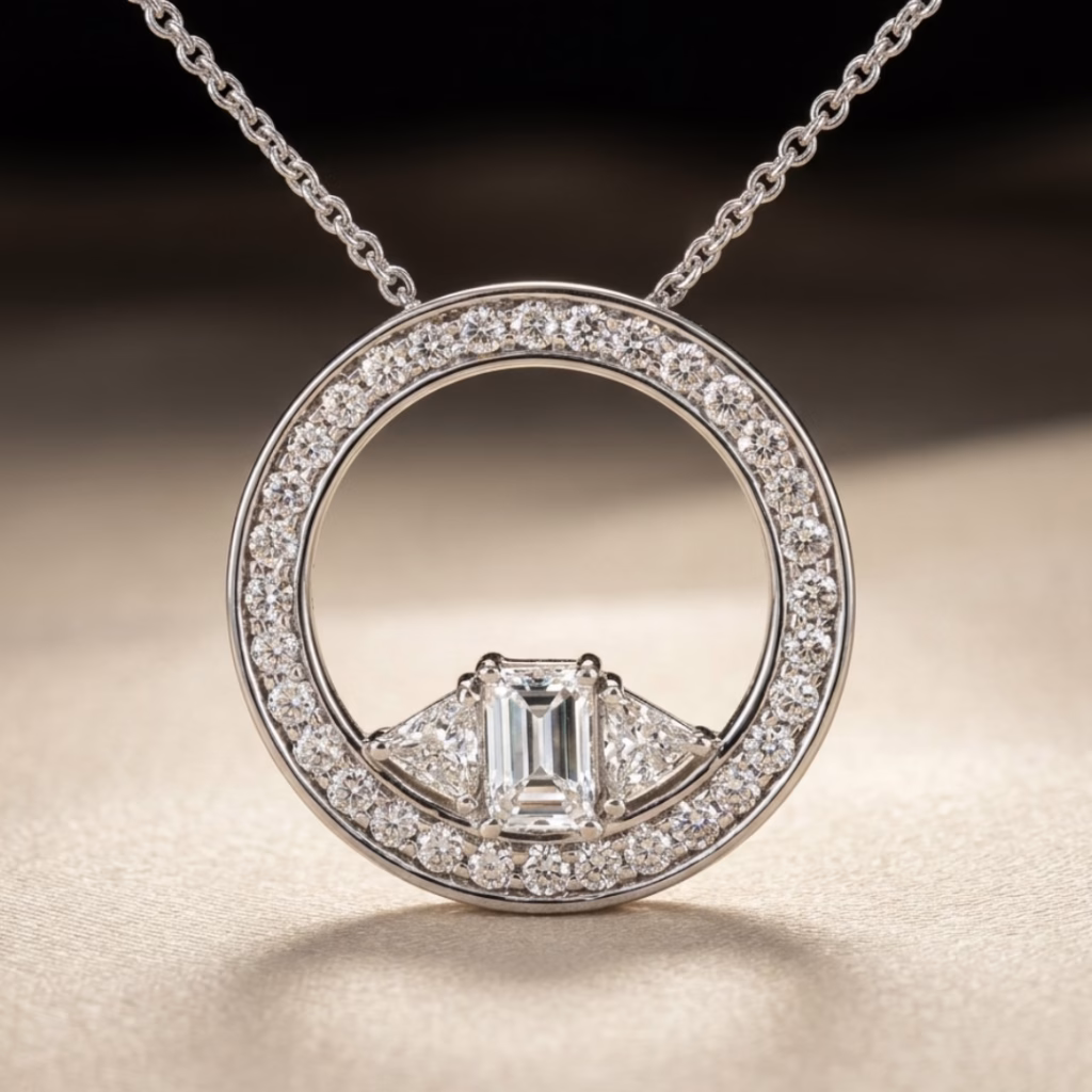 White gold diamond eternity pendant with a central emerald cut.