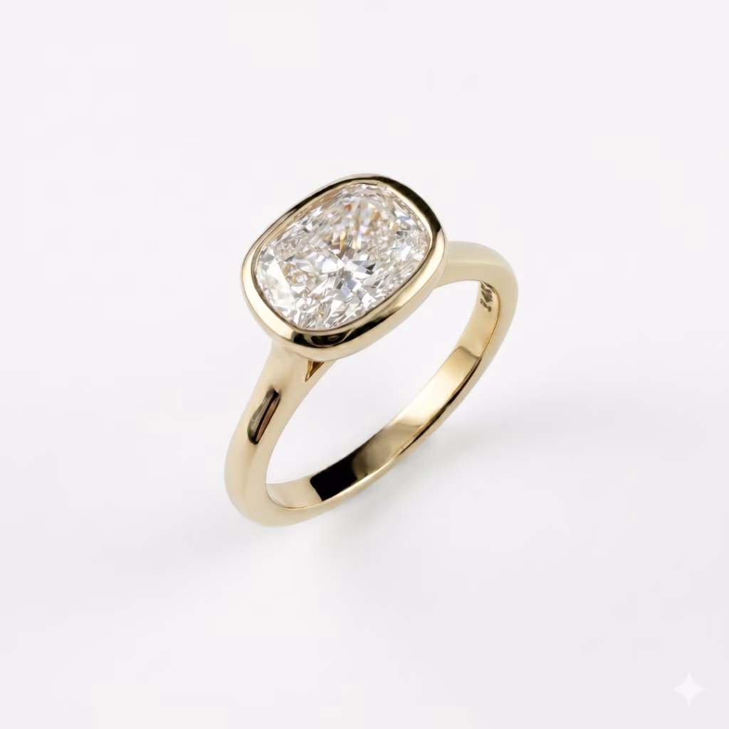 A elegant, custom-designed gold ring highlighting a large, prominent central cushion-cut diamond, perfectly held within a polished, secure bezel setting and presented against a soft white background.