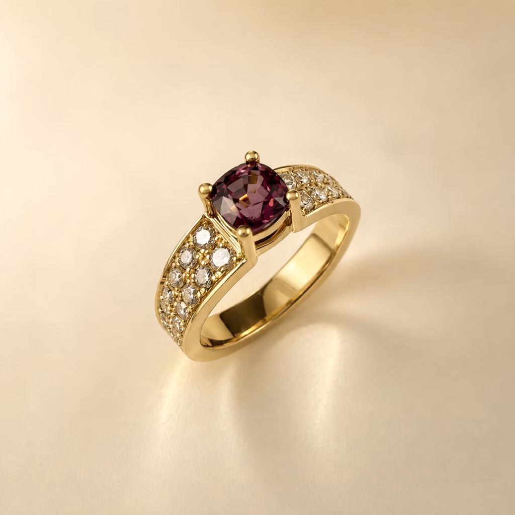 Gold ring with pink gemstone and diamond pav&eacute; band on warm beige background