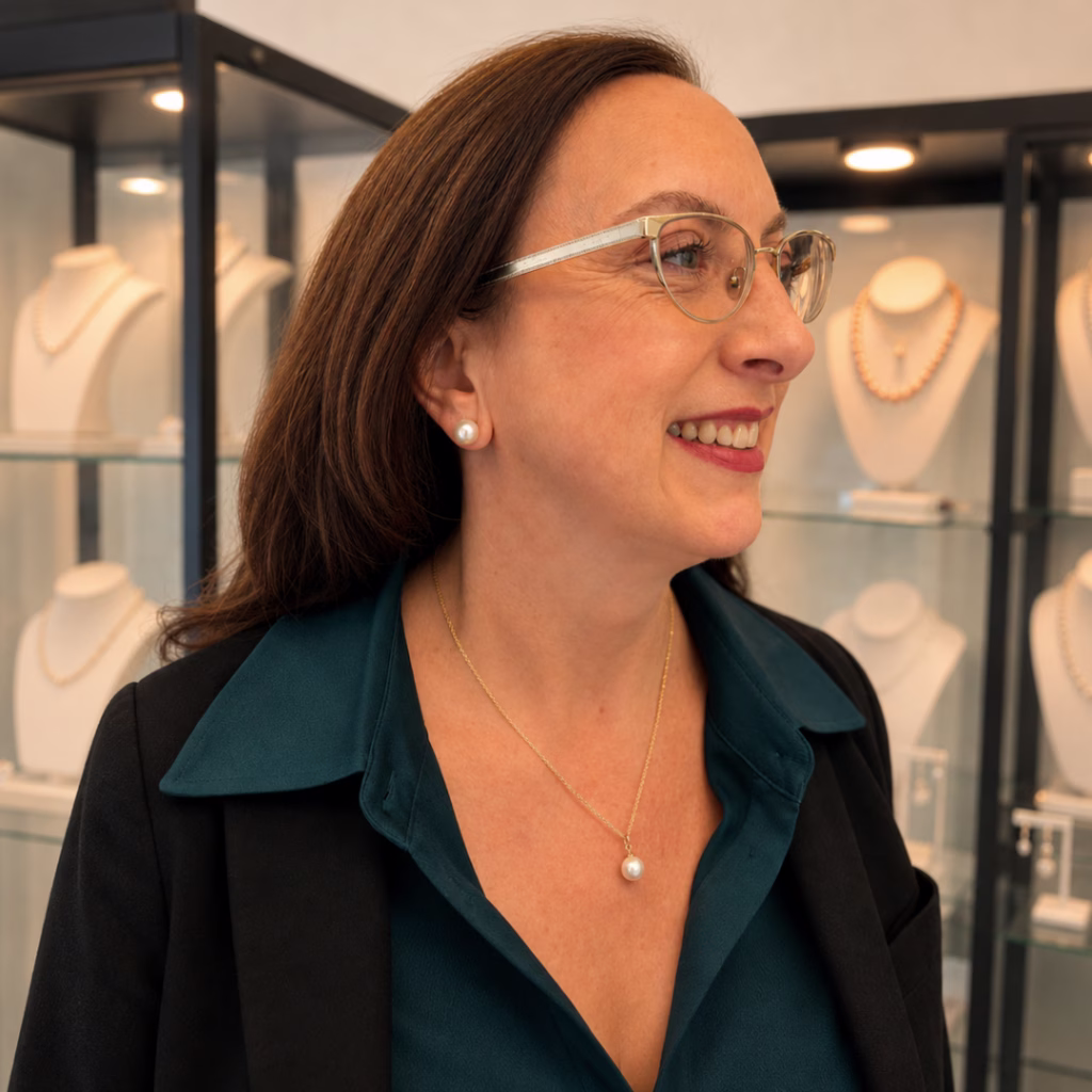 Side profile of Trish Arato wearing pearl drop earrings and a classic pearl necklace.