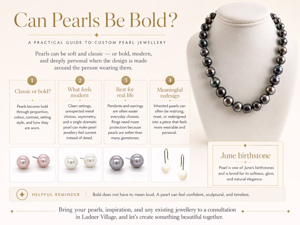 Infographic about custom pearl jewellery, showing how pearls can feel classic, bold, modern, and personal.