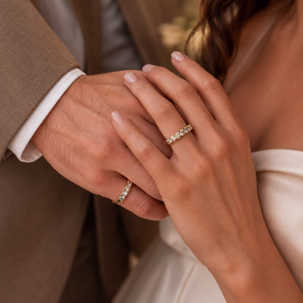 Man and woman wearing custom wedding rings by Trish Arato Design Studio.