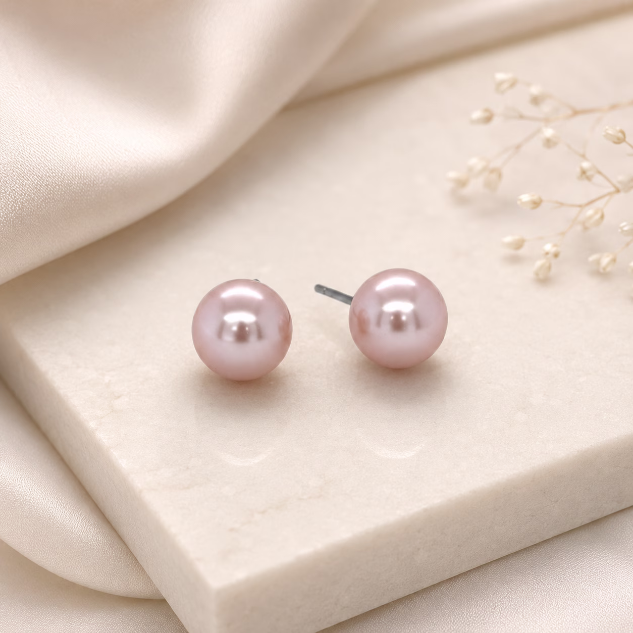 Pair of soft pink pearl stud earrings styled in a minimalist luxury product display.