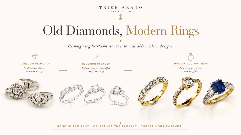 Infographic showing how heirloom diamonds are transformed into modern custom engagement rings.