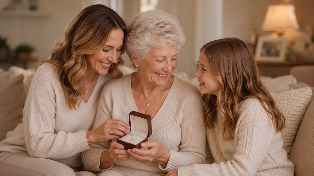 Three generations of a family sharing a cherished heirloom jewellery piece during a redesign consultation.