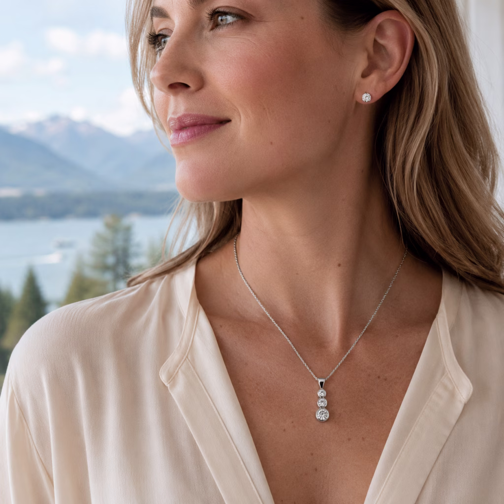 Woman wearing a white gold three-diamond pendant necklace styled for everyday elegance.