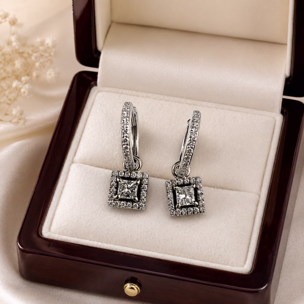 White gold diamond drop earrings displayed inside a luxury jewellery gift box.