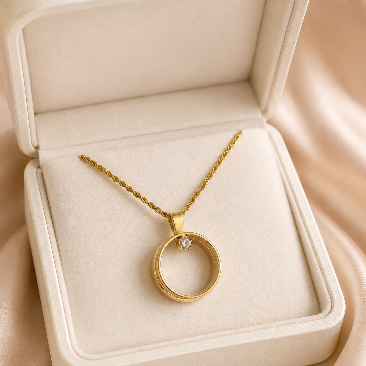 14K yellow gold circle pendant with a bezel-set diamond displayed in a luxury jewellery presentation box.